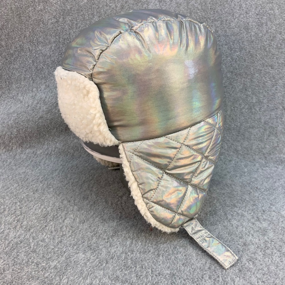 Iridescent Kids Silver Swiss Tech Trapper Hat Quilted Faux Fur OS